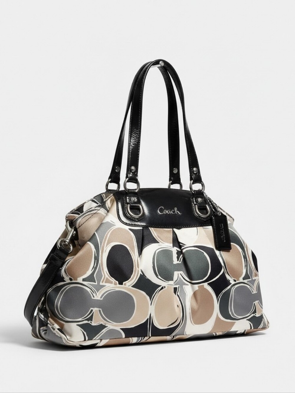 Coach Ashley Scarf Print Signature Sateen & Black  Leather Satchel No. F17644